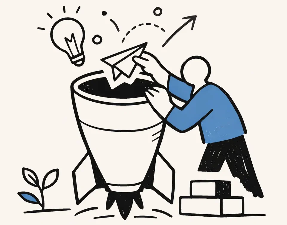 Illustration showing an idea turning into a product launch or business execution.