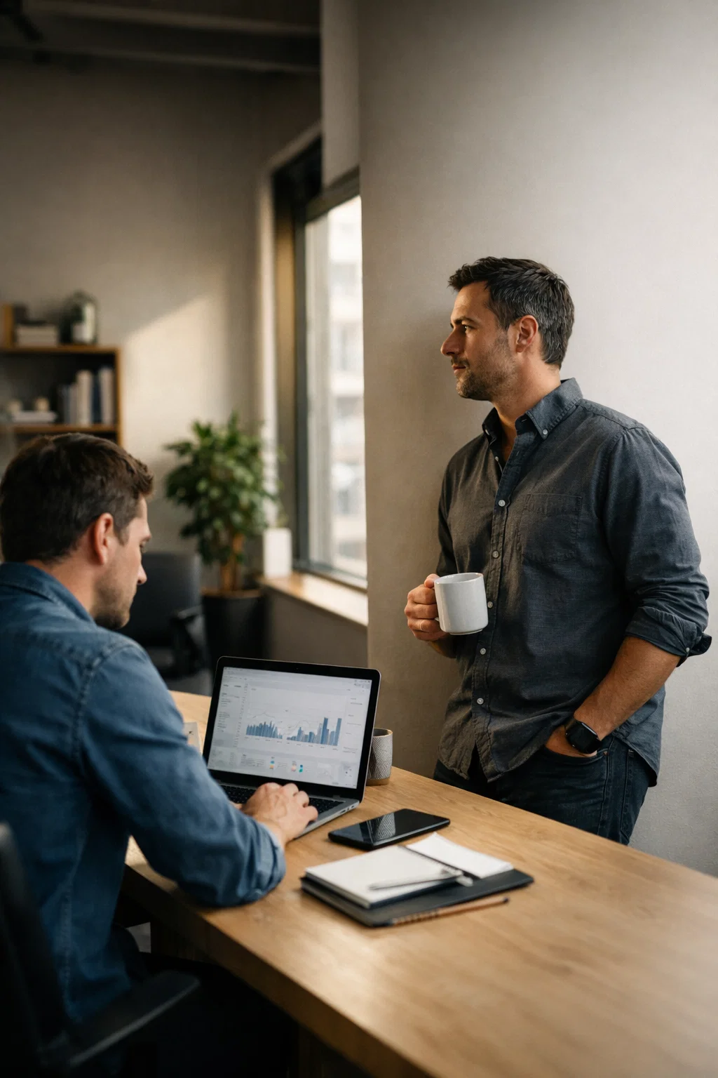 Two professionals discussing business data on a laptop during a meeting