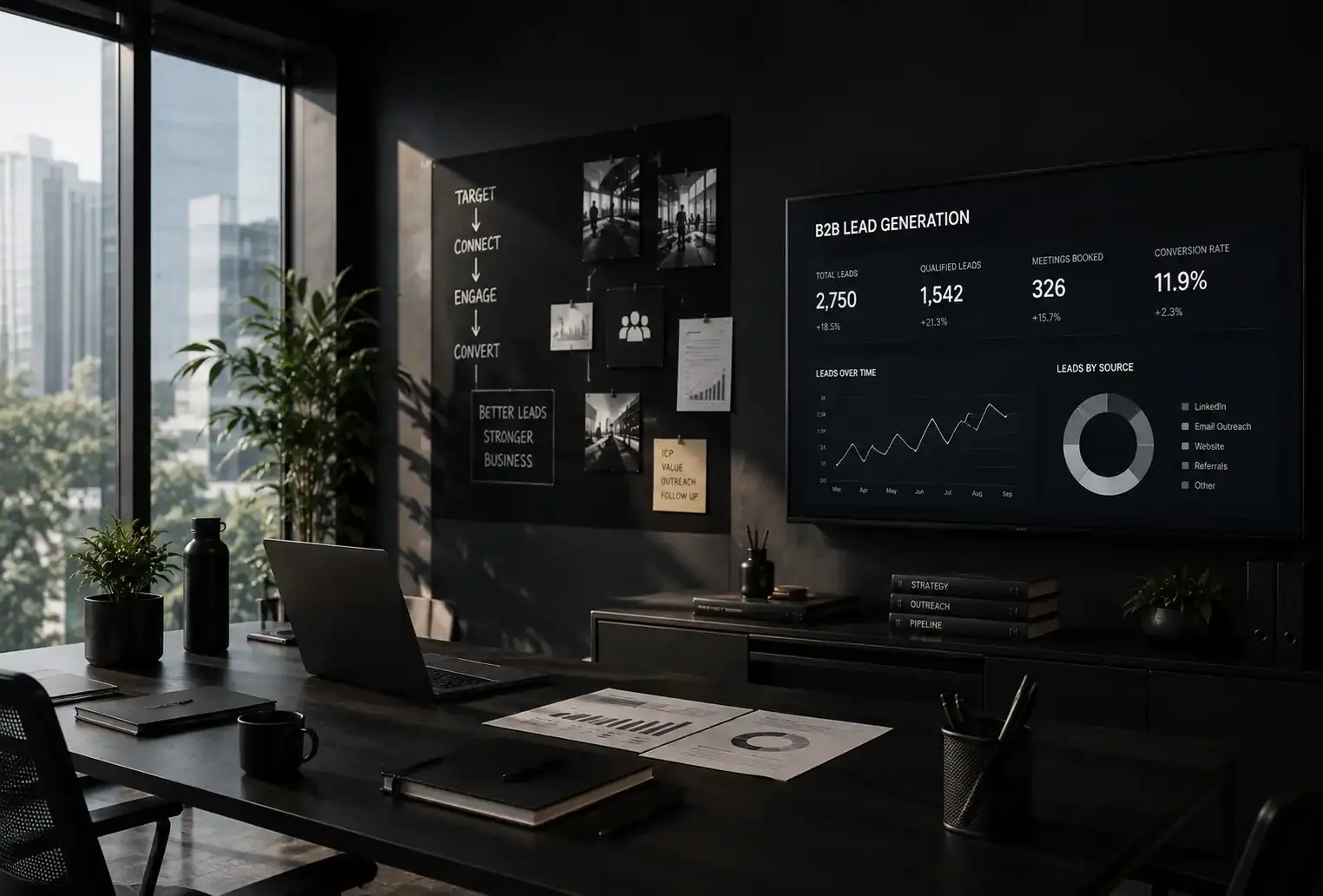 B2B lead generation dashboard showing leads, conversion rate, and pipeline strategy on screen