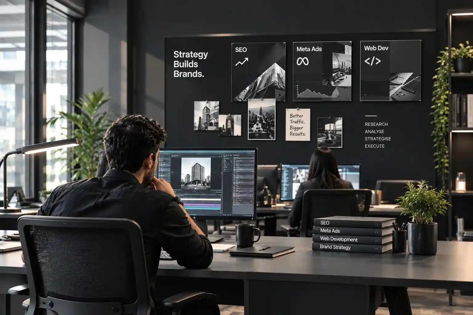 Digital marketing team working on SEO, Meta Ads, and web development in a creative office