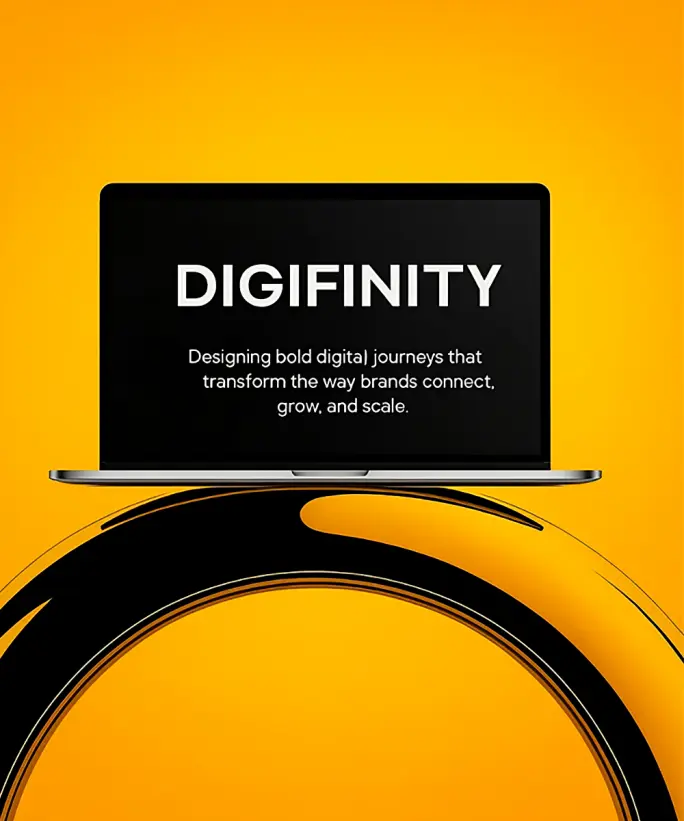 Laptop displaying Digifinity digital marketing brand message.
