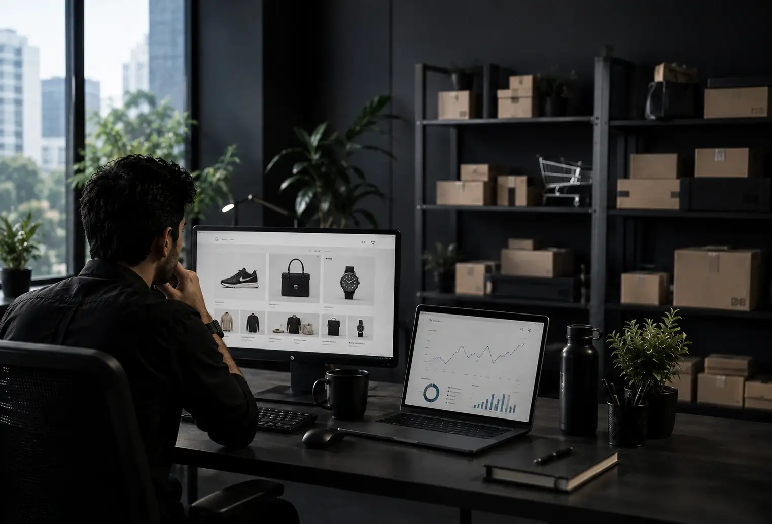Ecommerce store manager reviewing product catalog and sales analytics.