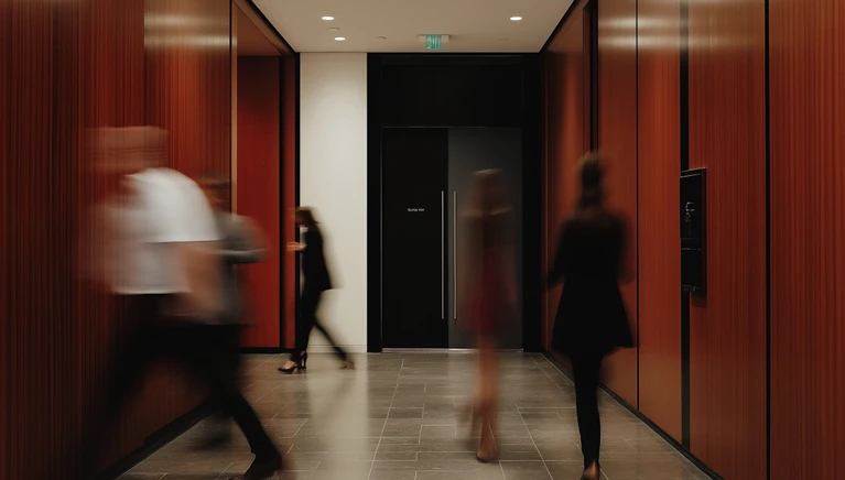 People walking through a modern office hallway with red walls.