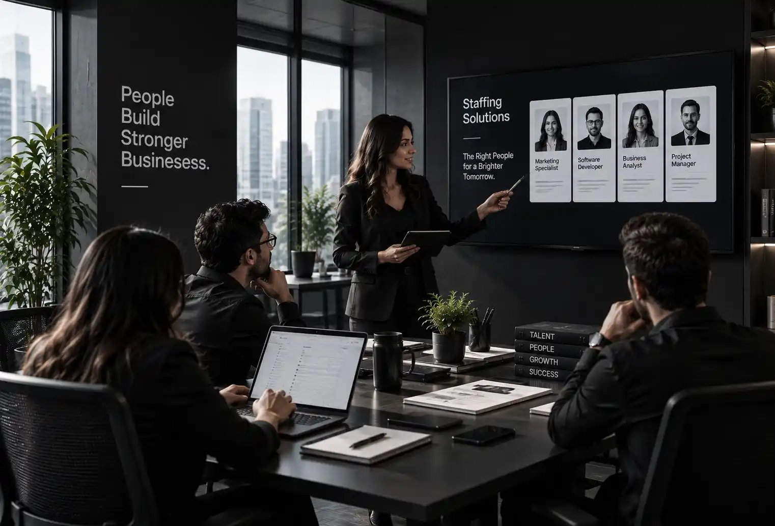 Presenter showing staffing solutions candidate profiles to team in a modern meeting room