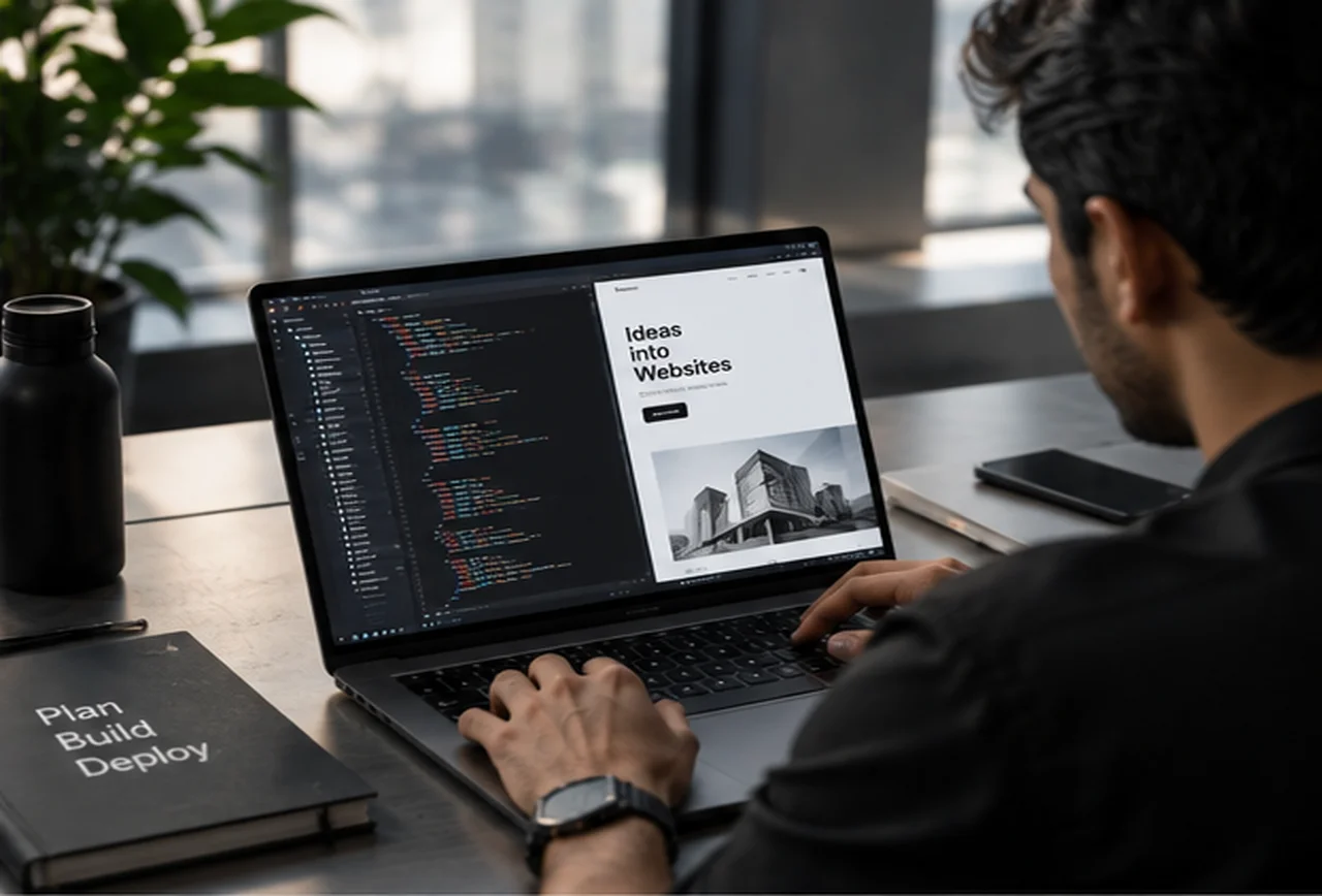 Developer coding a website with code editor and 'Ideas into Websites' design preview on laptop