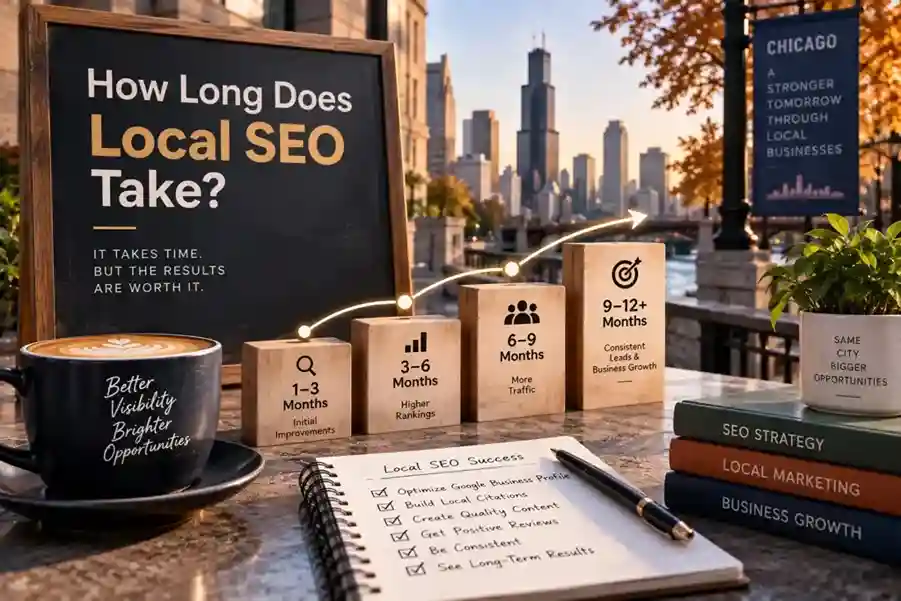Local SEO timeline blocks from 1-3 months to 9-12+ months, Chicago backdrop