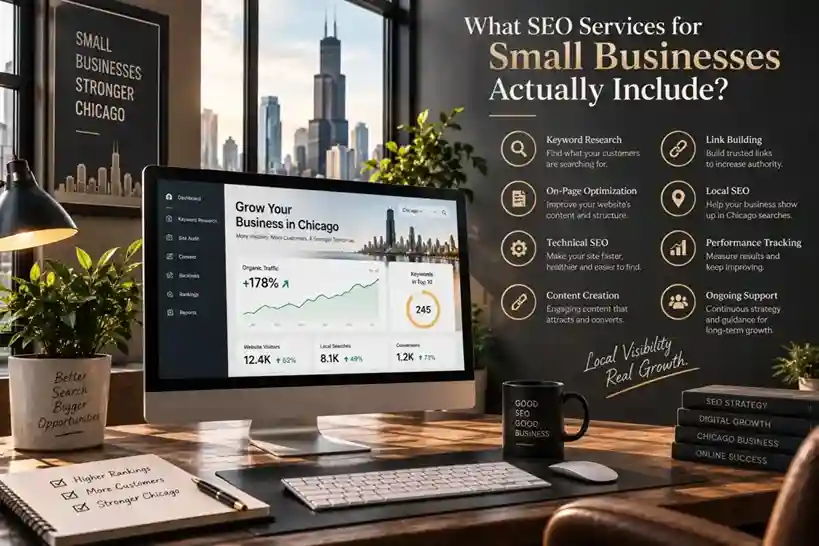 SEO services infographic with traffic dashboard, Chicago view, and service checklist