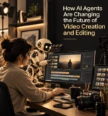Video editor and AI robot collaborating on how AI agents are changing video creation