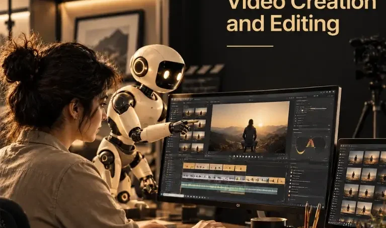Video editor and AI robot collaborating on how AI agents are changing video creation