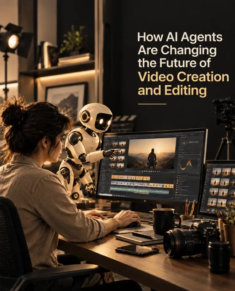 Video editor and AI robot collaborating on how AI agents are changing video creation