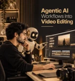 ideo editor working with an AI robot assistant on agentic AI workflows in video editing software