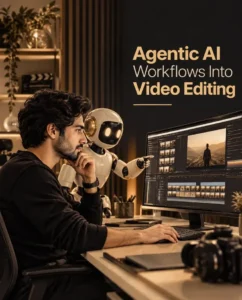 ideo editor working with an AI robot assistant on agentic AI workflows in video editing software