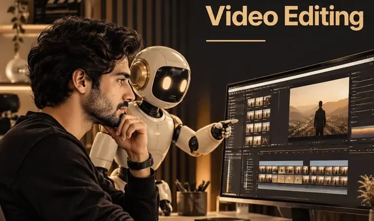 ideo editor working with an AI robot assistant on agentic AI workflows in video editing software