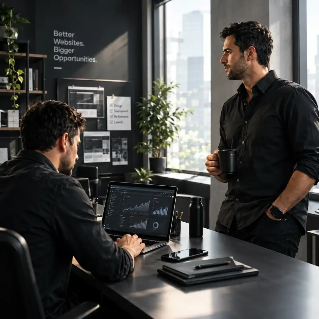 Team reviewing web design, development, and performance services in a modern office setting