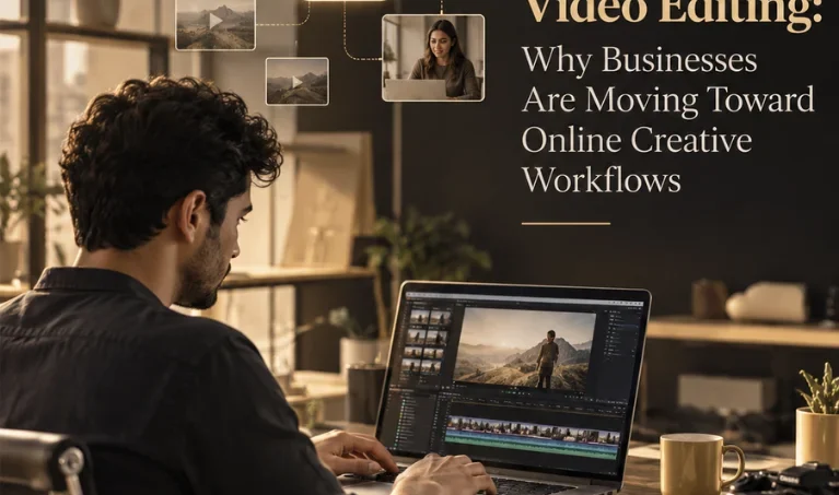 Man editing video on laptop with cloud connecting remote team members