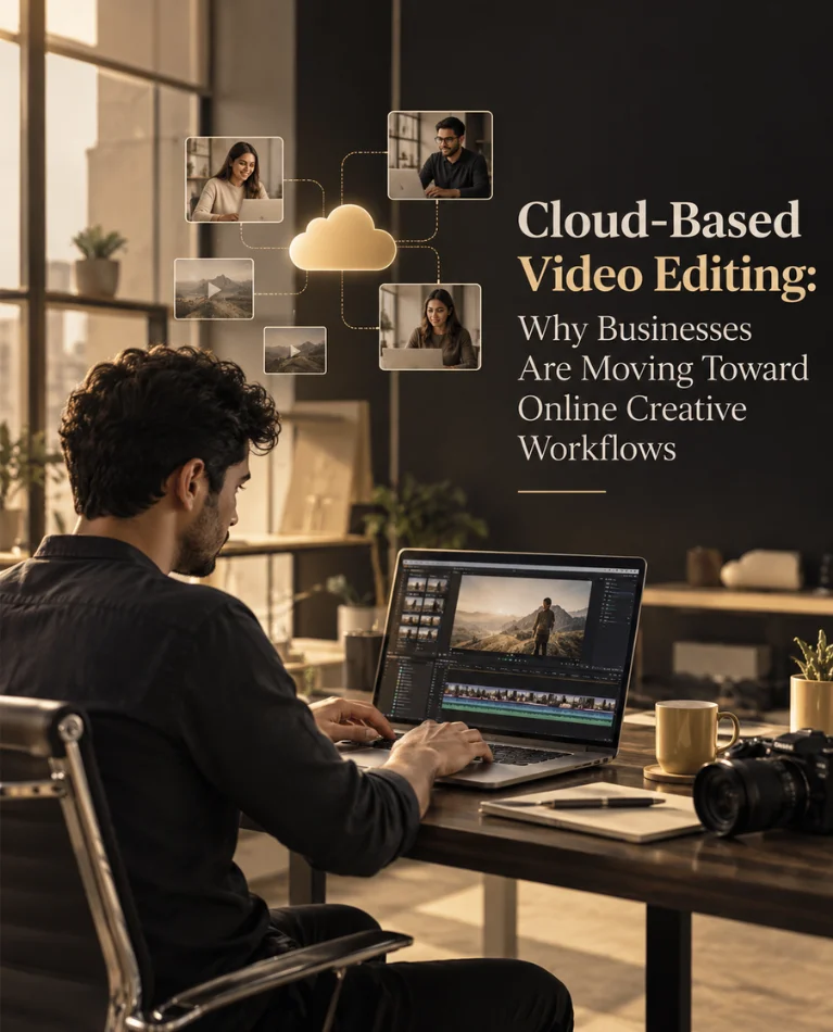Man editing video on laptop with cloud connecting remote team members