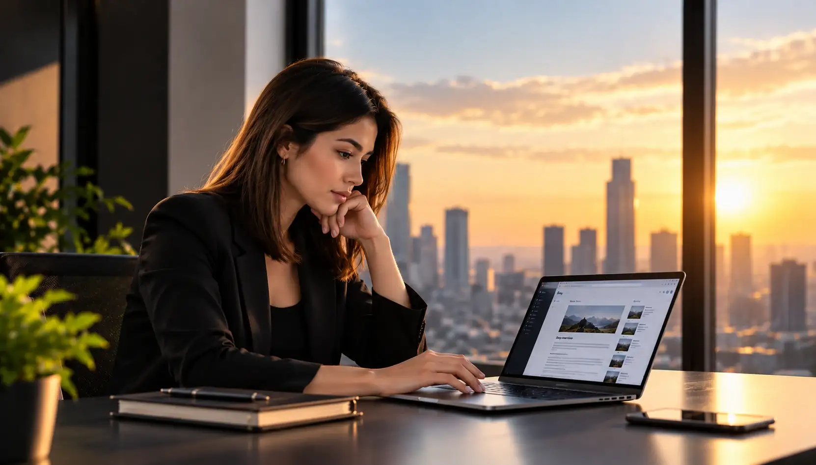Woman writing a blog post on laptop with city skyline at sunset in background