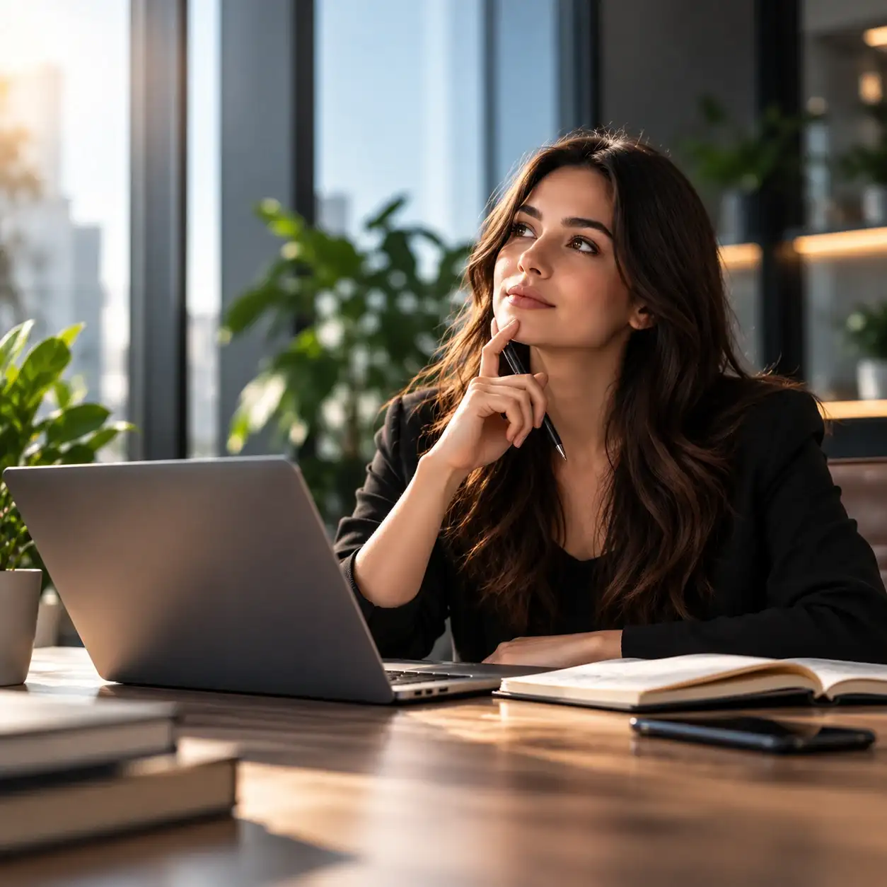 Woman thinking while working on laptop with notebook and coffee on desk