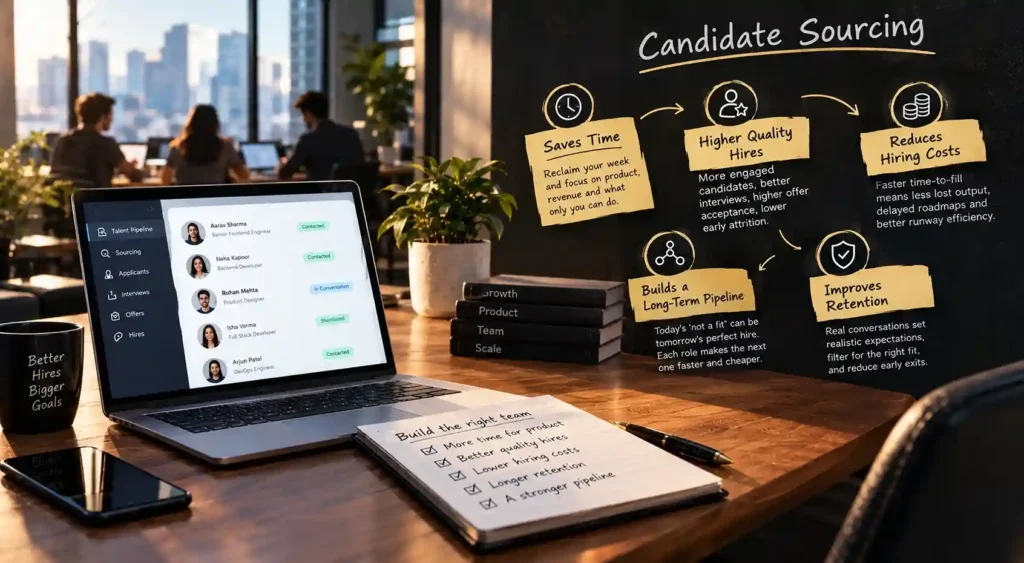 Benefits of candidate sourcing: saves time, better hires, lower costs, retention 
