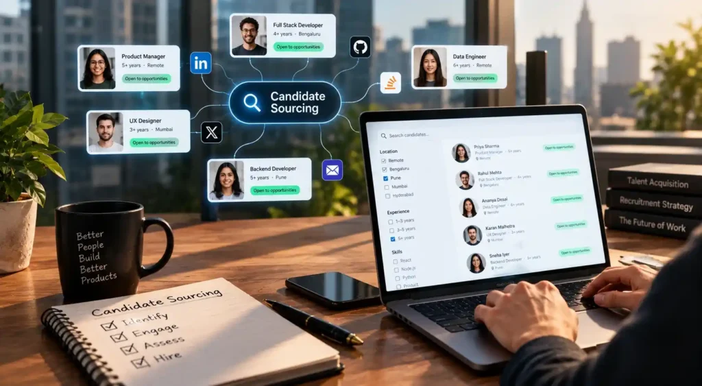 Candidate sourcing dashboard showing sourced tech candidates across platforms 