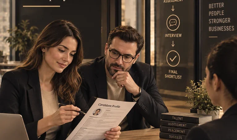 Recruiters reviewing a candidate profile with staffing screening process icons displayed.