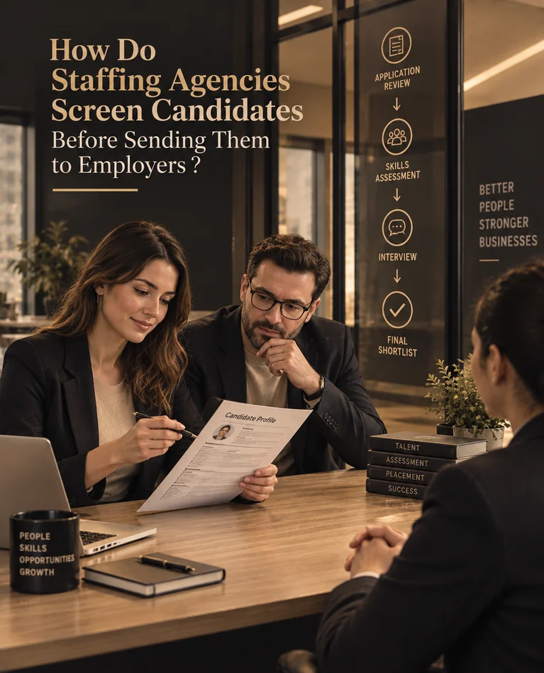 Recruiters reviewing a candidate profile with staffing screening process icons displayed.