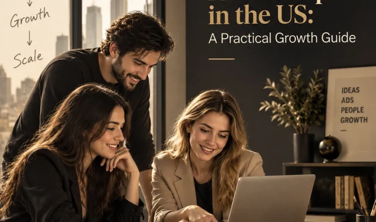 Startup team collaborating on Meta Ads management strategy in a modern US office