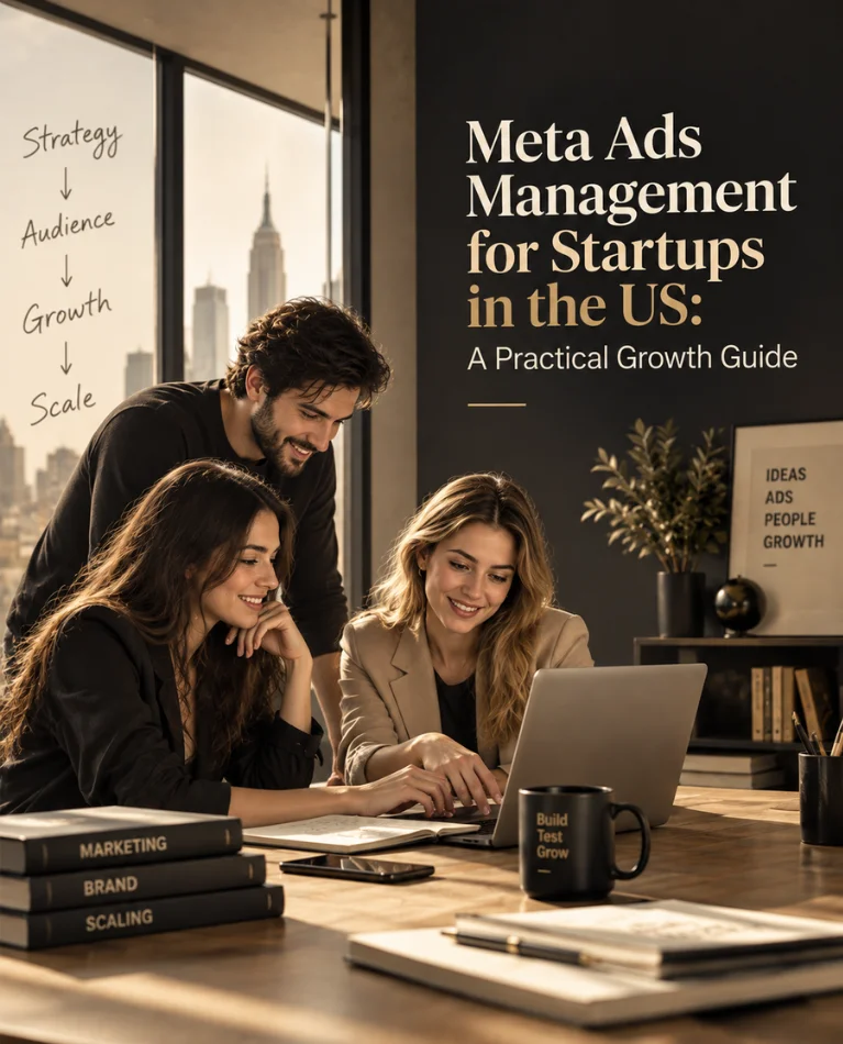 Startup team collaborating on Meta Ads management strategy in a modern US office