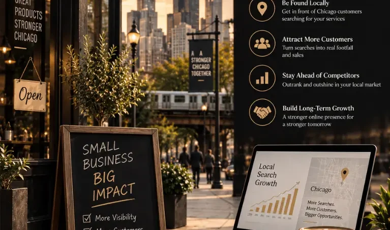 Chicago small business SEO infographic with laptop, city skyline, and benefit icons