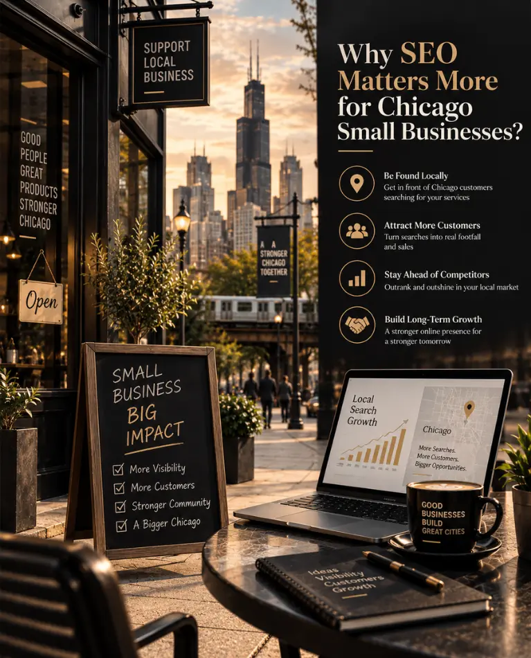 Chicago small business SEO infographic with laptop, city skyline, and benefit icons