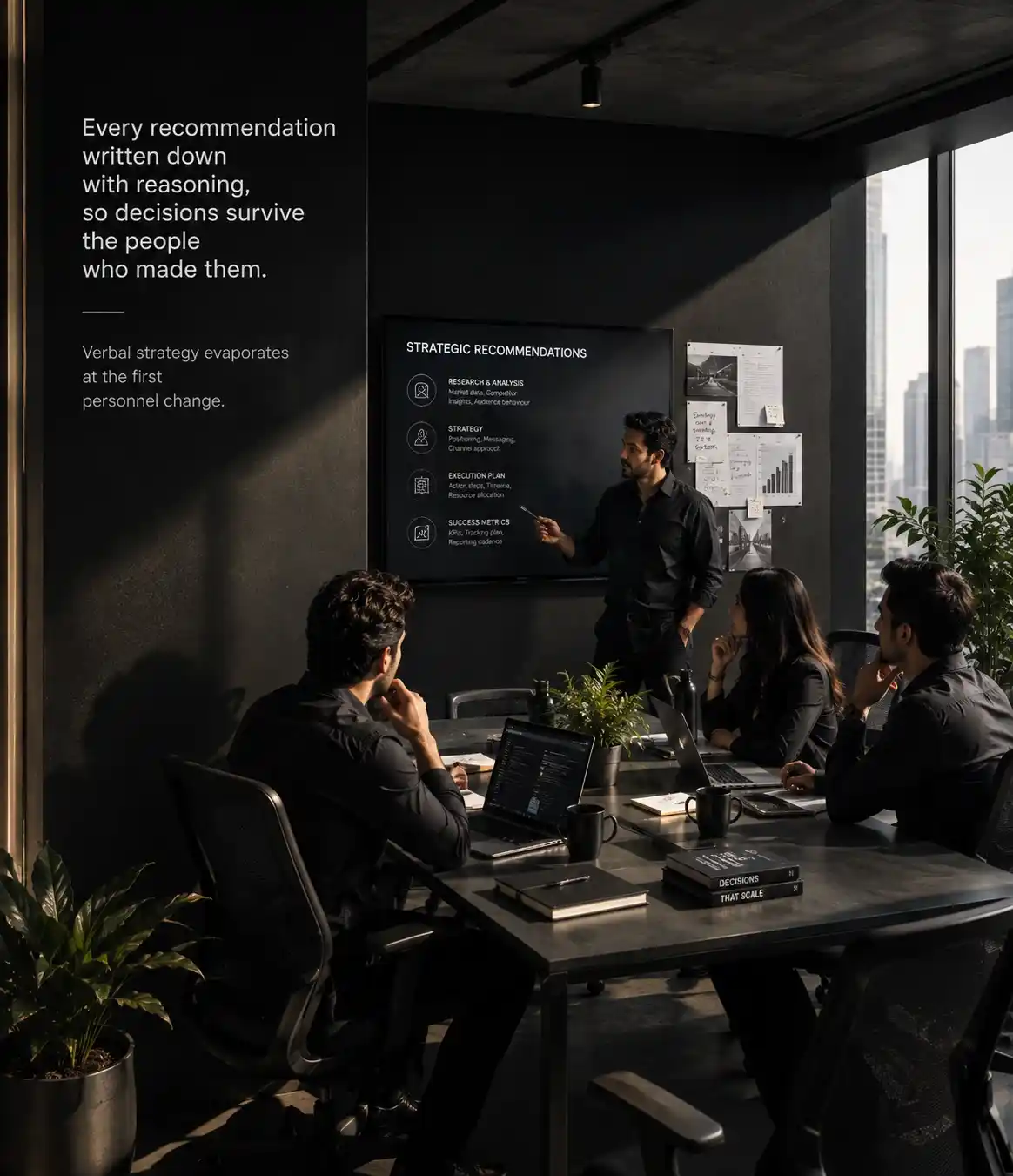 Professional reviewing strategy notes and charts on office wall with city skyline view