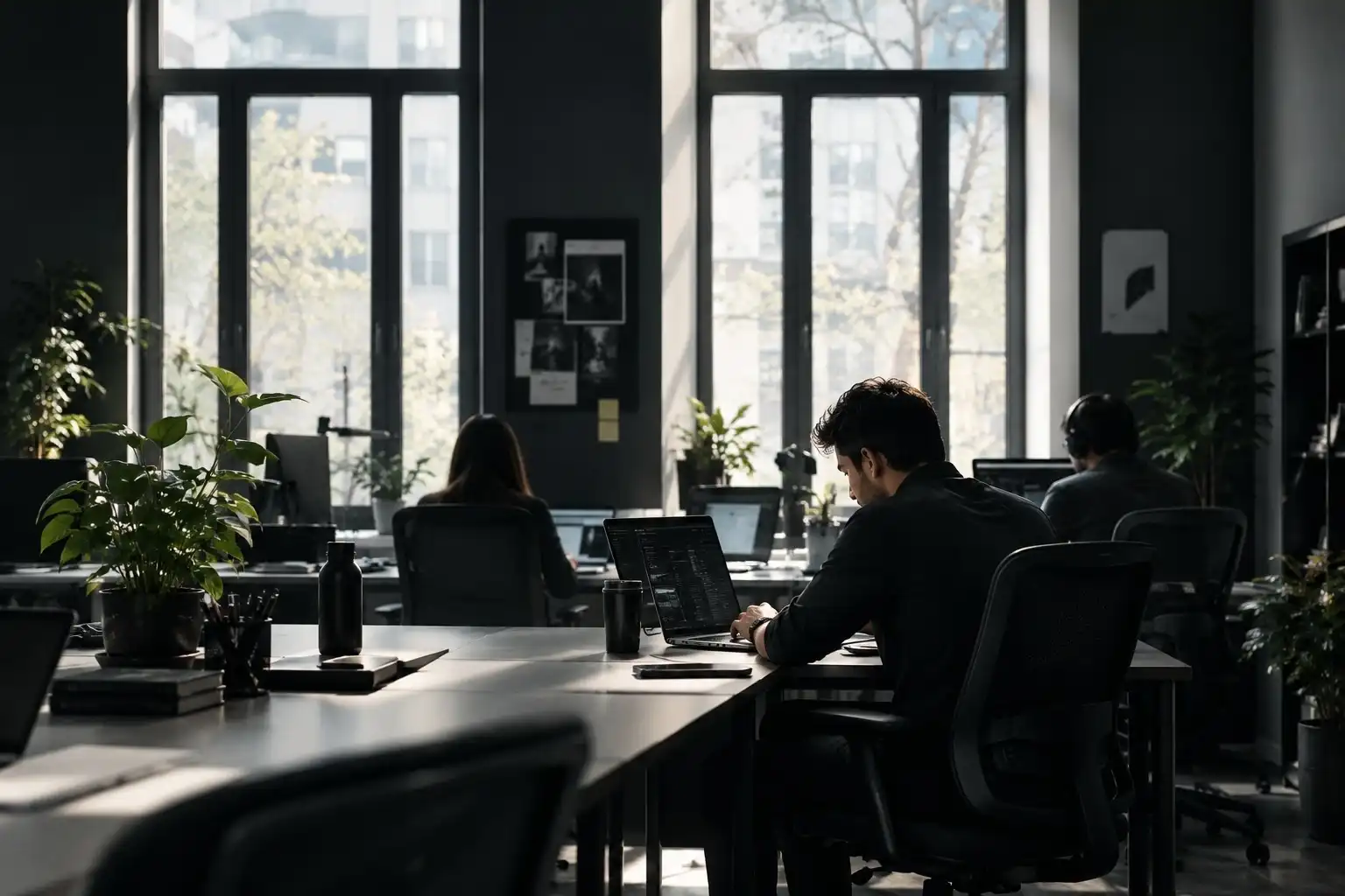 Team working on laptops in a modern office with plants and natural light