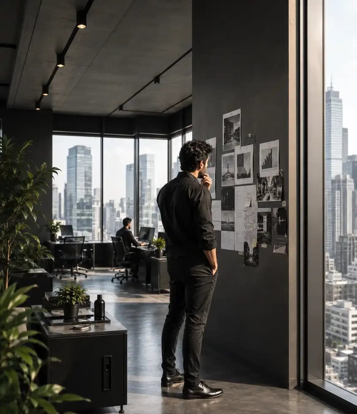 Team presentation with data charts in a glass-walled meeting room overlooking the city