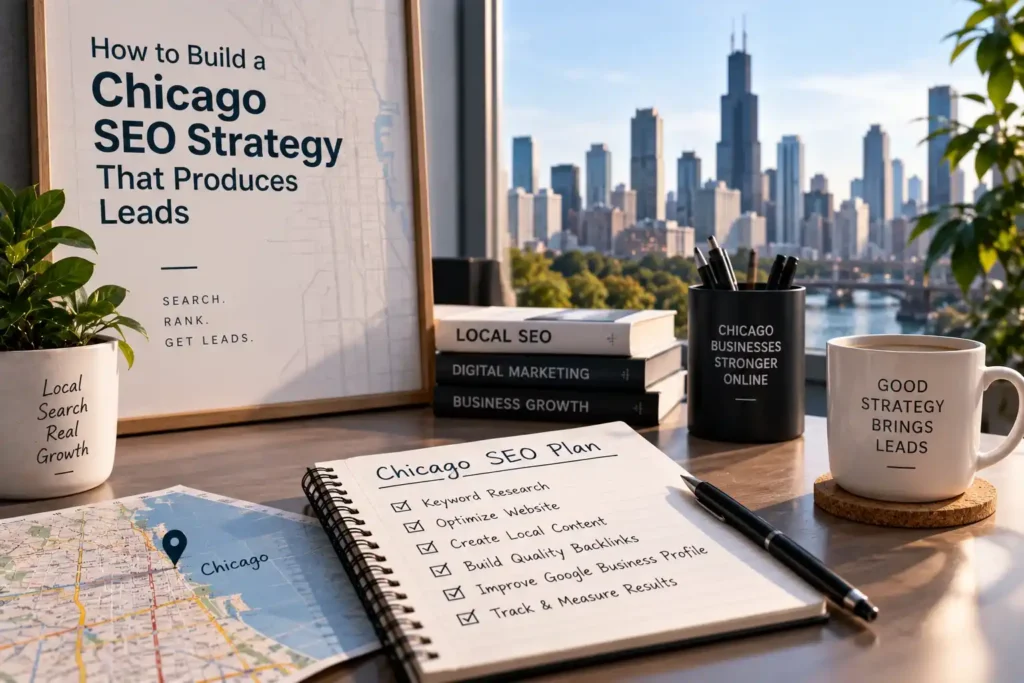 Notebook with Chicago SEO plan checklist, city map, and skyline in background