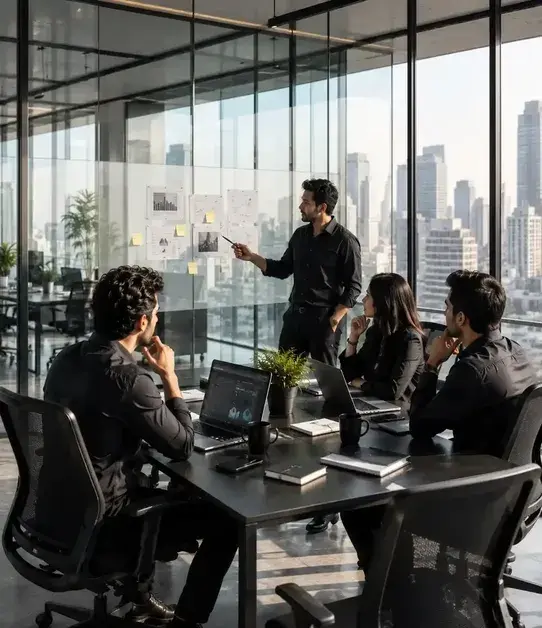 Professional reviewing strategy notes and charts on office wall with city skyline view