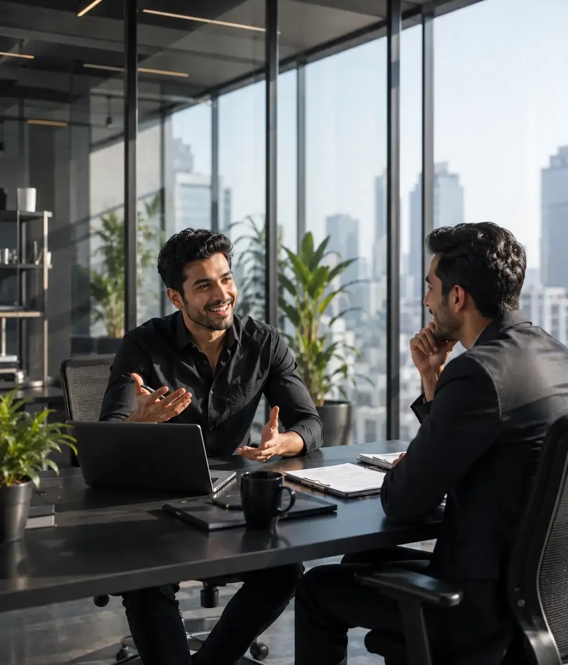 Business meeting with two professionals discussing over laptop in modern office