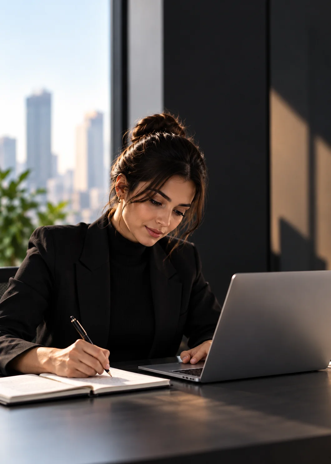 Woman in black blazer writing in a notebook beside a laptop, with a city skyline behind her.