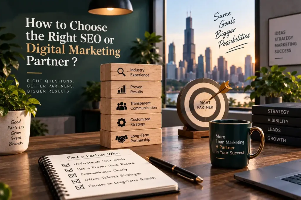 Checklist for choosing SEO partner with target, mug, and city view