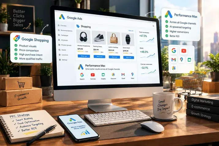 Google Ads dashboard highlighting Shopping and Performance Max features