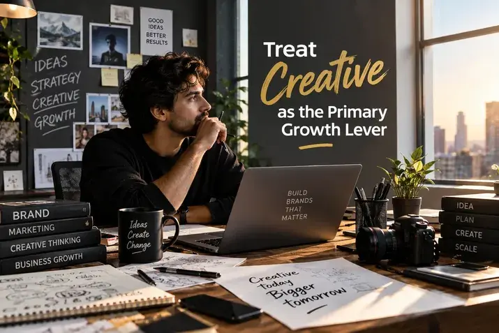 Marketer planning creative strategy at a desk with the text Treat Creative as Growth Lever