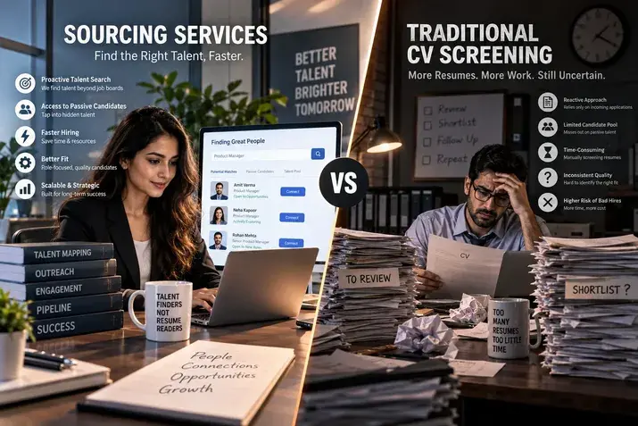 Split image comparing proactive talent sourcing services to traditional manual CV screening
