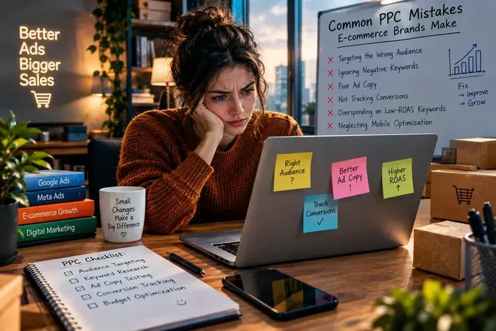 Stressed marketer reviewing PPC checklist and campaign errors