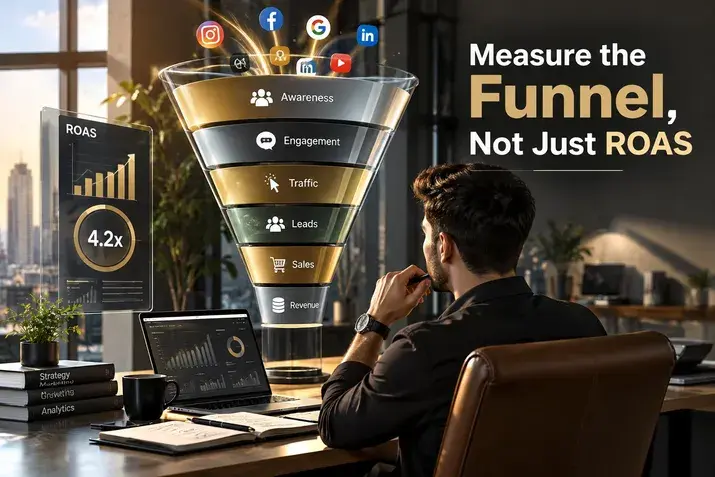 Marketer analyzing full-funnel metrics beyond ROAS on a laptop and dashboard