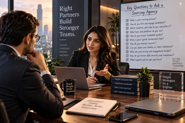 Business meeting in office with whiteboard listing key questions to ask a staffing agency