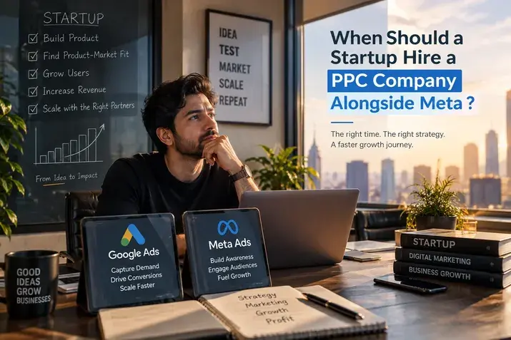 Startup founder weighing when to hire a PPC company alongside Meta Ads and Google Ads