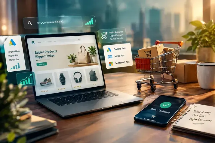 E-commerce PPC ads dashboard showing Google, Meta and Microsoft Ads icons