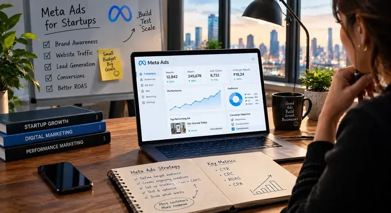 Meta Ads dashboard showing campaign results, reach, and performance for startups