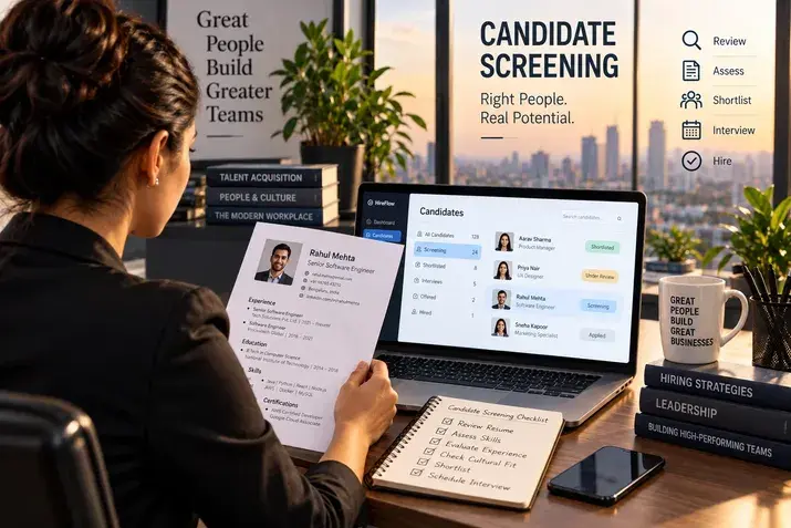 HR professional comparing resume to online candidate tracking system, screening checklist below 