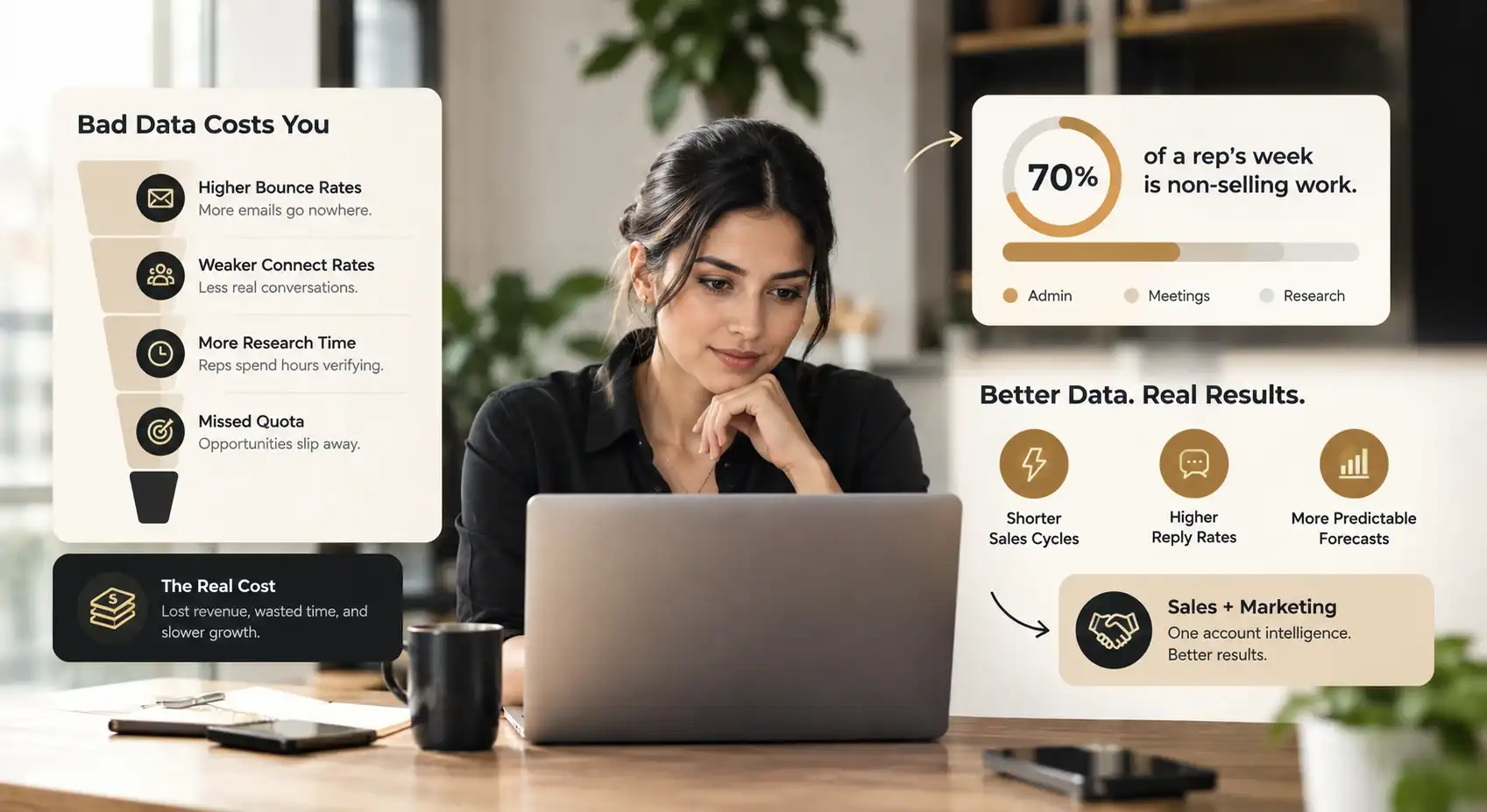 Dashboard tracking B2B data research impact on connect rates and meetings booked